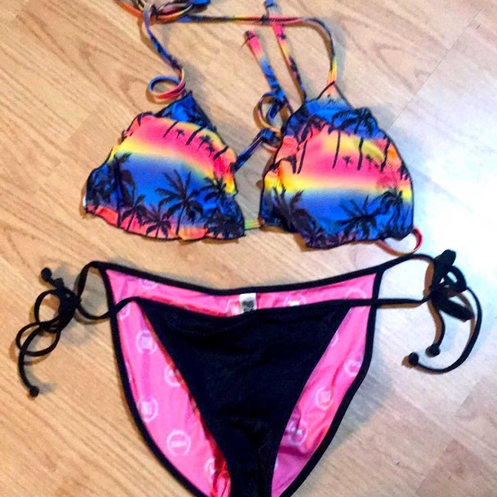 Colorful Palm Trees bathing suit top/black bottoms